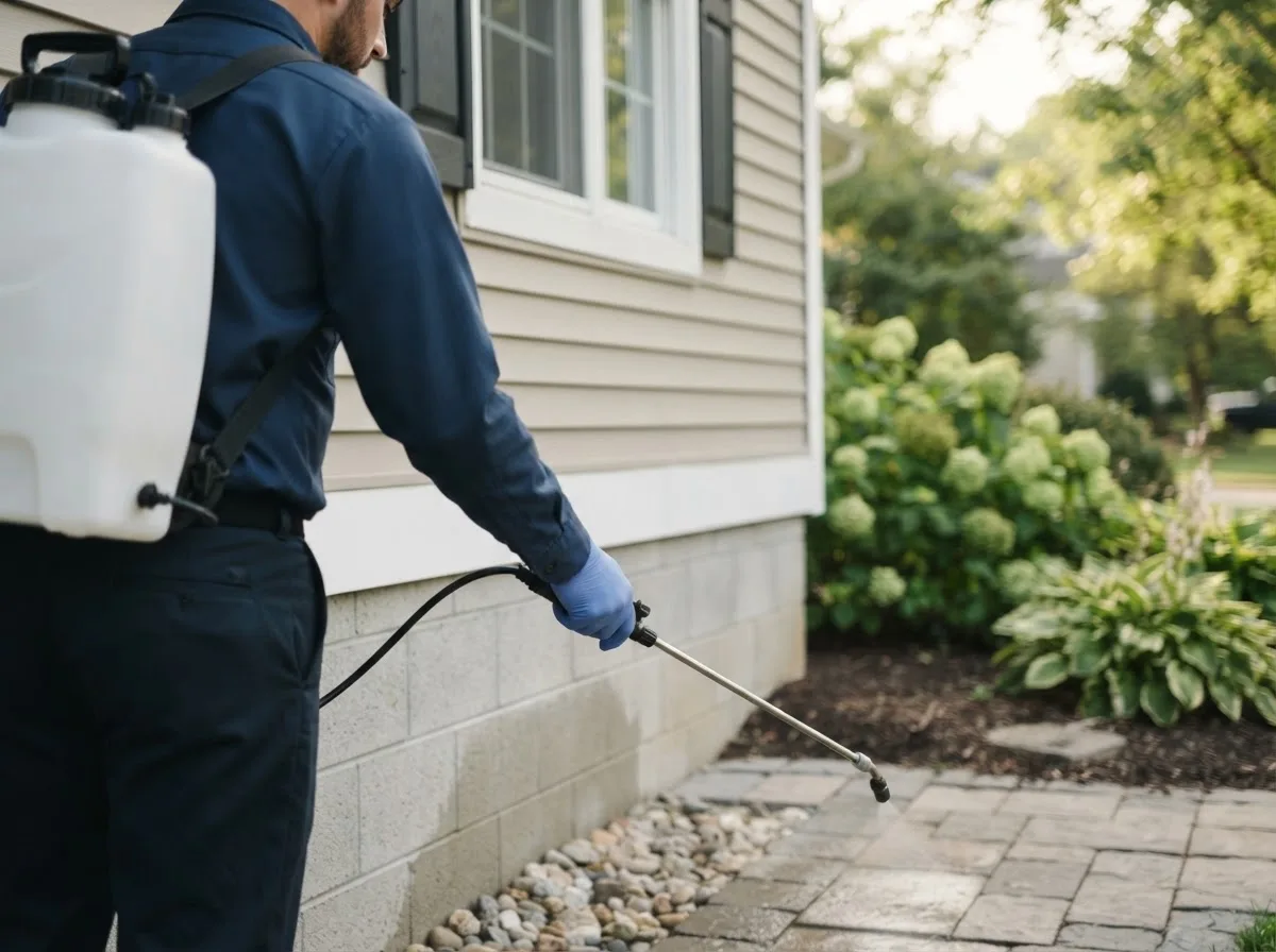 Pest control technician inspecting a home in Varna, IL